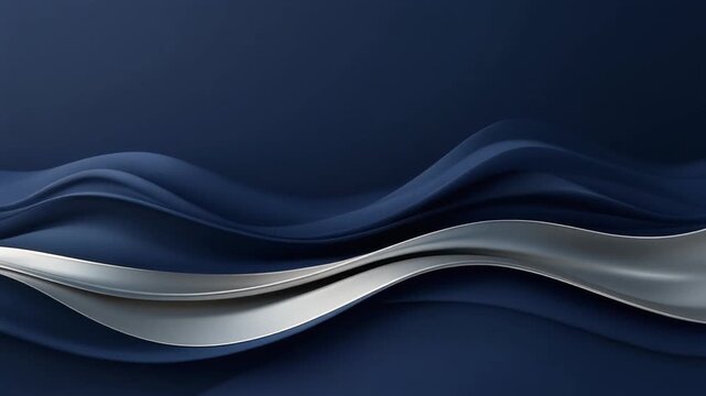 Abstract dark blue wave background with flowing metallic silver ribbon for luxury design concept
