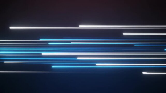 Abstract blue and white neon light streaks rushing across the dark screen representing fast movement and futuristic technology data streams