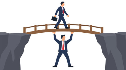 Fototapeta premium Businessman in suit holding wooden bridge steady over rocky chasm while colleague with briefcase walks across, symbolizing teamwork support leadership trust sacrifice collaboration concept