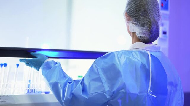 Side and back view of a scientist in a blue gown and hairnet sliding open the sash of a fume hood and reaching in to arrange tubes, blue-lit lab