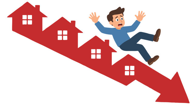 Worried homeowner man slipping down steep red downward arrow made of houses symbolizing falling house prices, real estate market crash and mortgage crisis, cartoon flat vector illustration