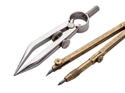 Vintage drafting compass divider tools made of steel and brass isolated on black background. Retro architectural engineering drawing instruments for precision design, cartography, and technical sketch