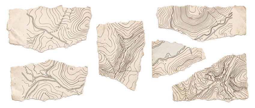 Torn topographic map paper pieces isolated on black background for graphic design collage, featuring vintage cartography contour lines, aged texture, and ripped edges for antique geographic discovery