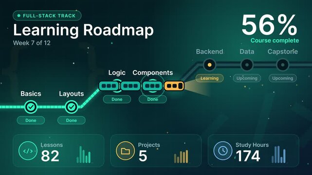 Full-Stack Learning Roadmap Dashboard Animation Showing Course Progress from 0 to 100 Percent, Tech UI Design