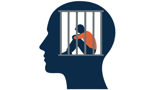 Vector illustration of head silhouette in profile with prisoner sitting behind vertical prison bars, hunched figure, bold flat navy and orange colors, white background, isolation concept