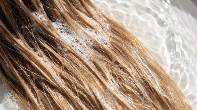 Blonde hair with shampoo foam and water bubbles. Hair care routine for healthy, clean, and shiny hair, promoting beauty and wellness.