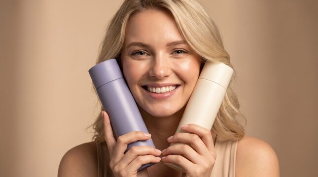 Smiling blonde woman holding two cosmetic product bottles. Showcasing beauty, skincare, and hair care products with natural glow and authentic happiness.
