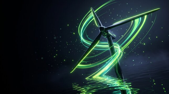 Abstract wind turbine surrounded by acid green energy streams, futuristic visualization of renewable electricity and clean power