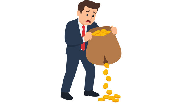 Cartoon vector illustration of a worried businessman in navy suit and red tie clutching an open burlap sack of gold coins leaking through a torn slit at the bottom, financial loss, white background