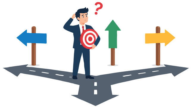 Businessman standing confused at a crossroads holding a target, scratching his head as three colorful arrow signs point in different directions on a clean white background