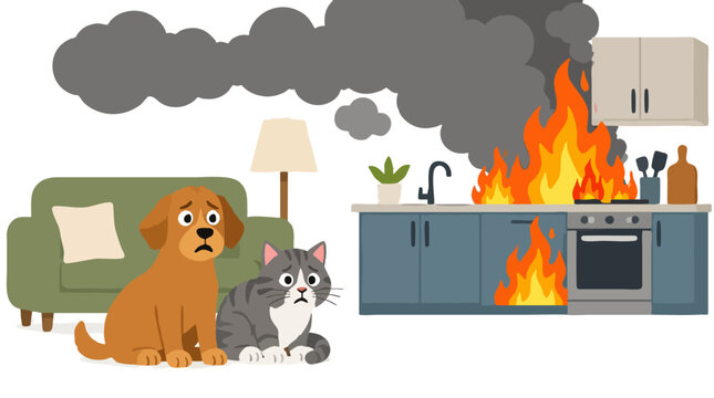 Two worried pets a sad dog and scared cat sitting in smoky living room while kitchen fire burns with flames and smoke near stove counter for pet safety concept cartoon vector illustration isolated