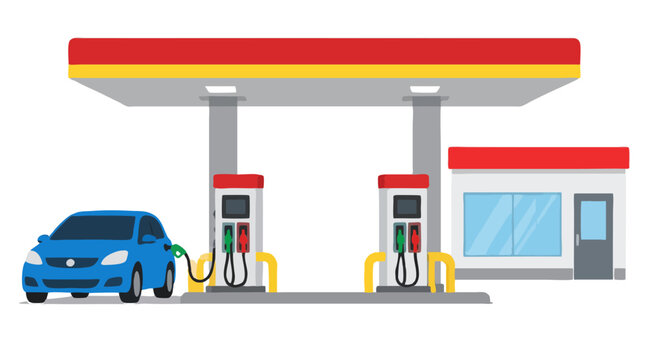 Flat vector illustration of modern gasoline service petrol station with two fuel pumps under red canopy, blue car refueling at pump, small convenience store building isolated on white background