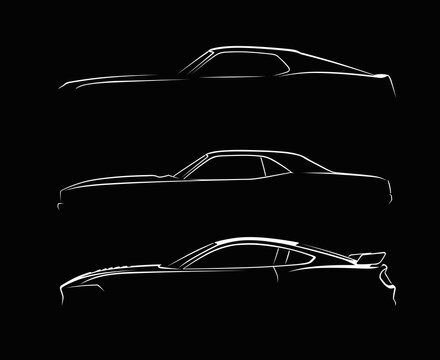 Three sleek car silhouettes stand against a stark black background