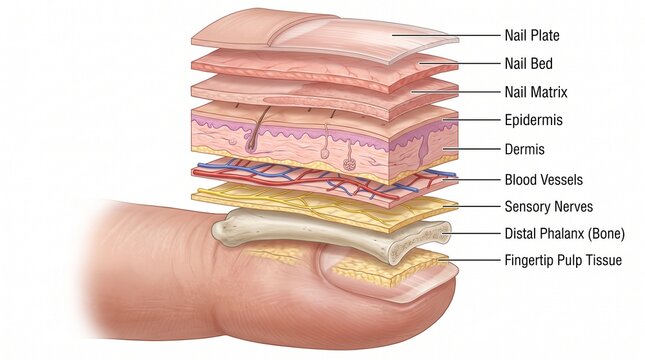 Cross section diagram of human fingertip and nail anatomy