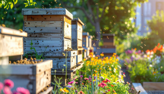 Wooden beehive surrounded by colorful garden flowers and flying honeybee in warm sunlight, showing peaceful urban pollinator habitat and sustainable beekeeping scene