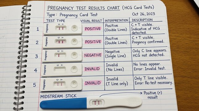 Handwritten pregnancy test results chart with HCG card and stick tests