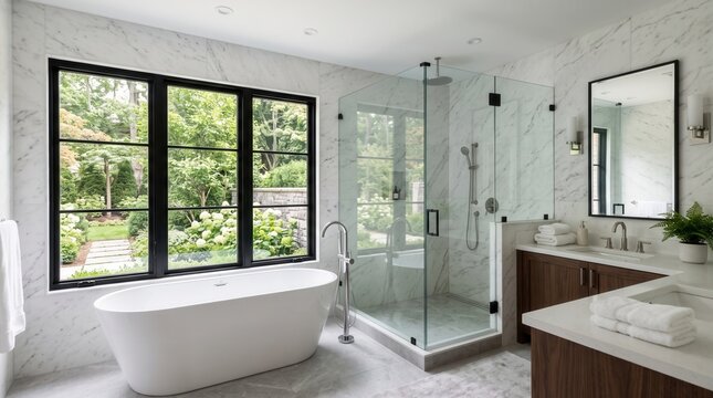 Modern bathroom featuring a freestanding tub and glass shower with garden view