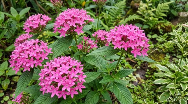 Clusters of vibrant pink flowers surrounded by lush green foliage