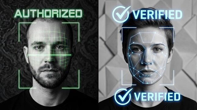 Biometric facial recognition scanning for digital security authentication.