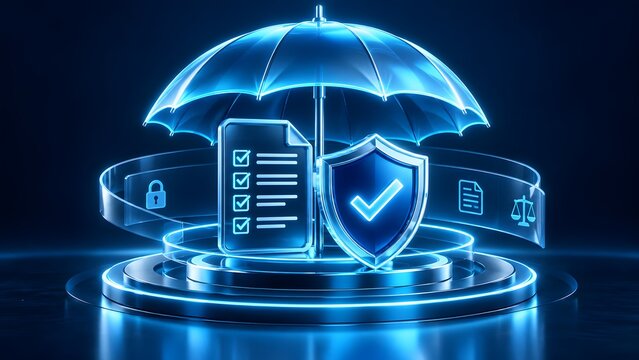 Glowing digital umbrella protecting compliance document and legal scales representing data governance and regulatory security