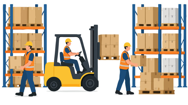 Busy warehouse workers carrying boxes from yellow forklift among tall storage shelves stacked with cardboard goods in safety vests and helmets flat vector illustration distribution teamwork concept