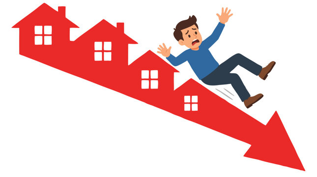 Worried homeowner slipping down steep red downward arrow shaped like row of houses symbolizing falling real estate prices, housing market crash and property value loss concept illustration