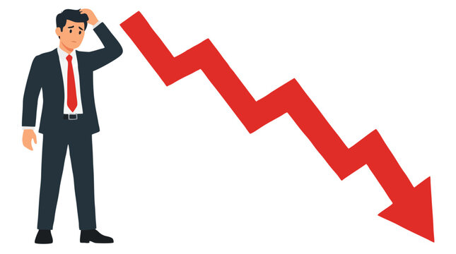 Worried businessman in dark suit standing beside large falling red arrow chart symbolizing financial crisis, stock market crash, bankruptcy loss and economic downturn on white background