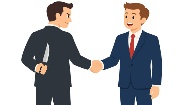Businessman hiding knife behind back while shaking hands with smiling unaware colleague symbolizing betrayal deception and business treachery in bold flat vector illustration corporate art