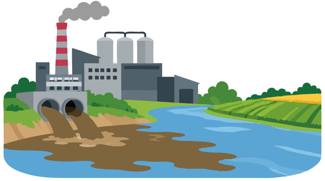 Flat vector illustration of industrial factory complex with smokestack discharging brown wastewater pollution from pipes into blue river flowing past green fields and farmland under white sky
