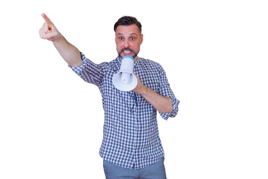 Man actively protesting or making an announcement, holding a megaphone and pointing, communicating loudly with conviction, transparent background