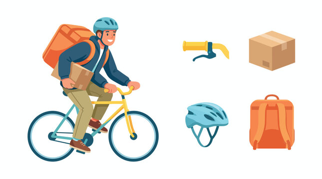Delivery Courier Riding Bike with Cargo Backpack and Packages Vector Illustration