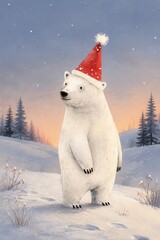 Obraz premium Polar bear wearing Santa hat in snowy winter forest