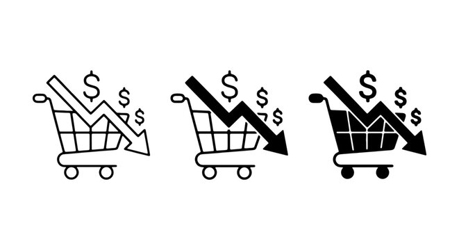 Shopping cart icon with a descending arrow and dollar signs indicating a decrease in sales.