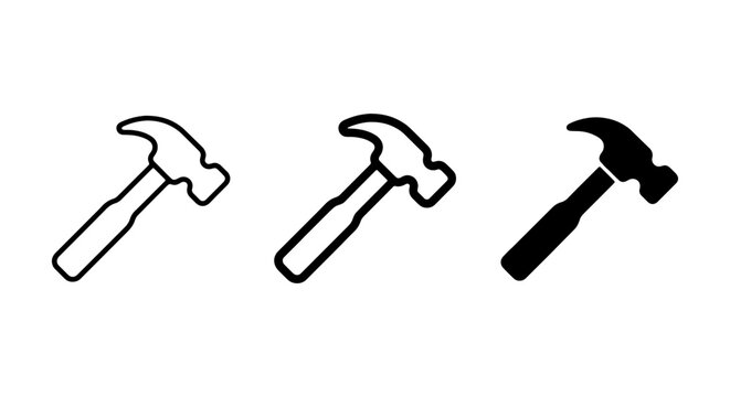 Three representations of a hammer tool are presented as a simple outline, a filled outline, and a solid black.