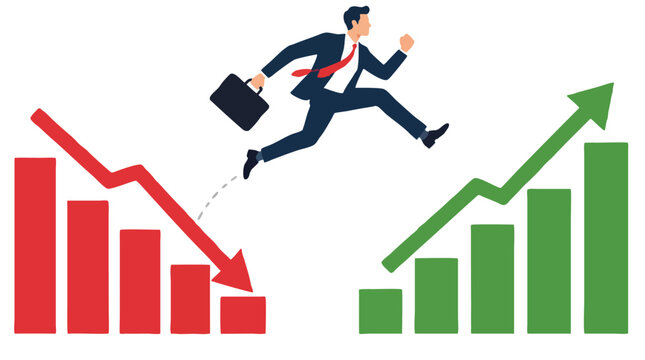 Businessman in suit leaping from declining red chart to rising green growth graph symbolizing business recovery, success, improvement and financial turnaround concept flat vector illustration
