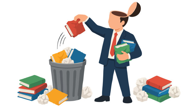 Businessman with open empty head tossing crumpled books into trash can, unlearning obsolete knowledge concept, discarding outdated ideas surrounded by stacks of books and paper balls illustration