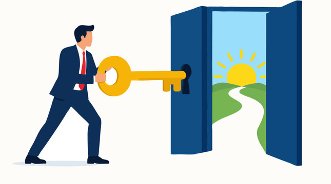 Businessman inserting giant golden key into blue door revealing bright sunny path to sunrise over green hills symbolizing new opportunity, success, future and business growth career achievement