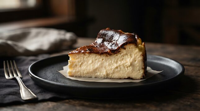 A slice of delicious burnt Basque cheesecake served on a black plate with a fork on wooden table background