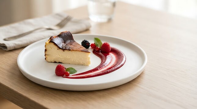 A delicious slice of burnt basque cheesecake served on a white plate with fresh berries and coulis sauce