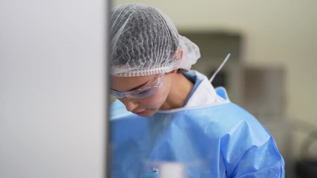 Focused woman in blue gown, hairnet and safety glasses looks down at her hands working behind a lab partition, framed in a tight medium shot
