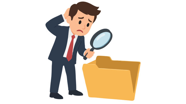 Confused businessman holding magnifying glass examining empty file folder, worried expression scratching head, missing document search investigation concept cartoon vector illustration
