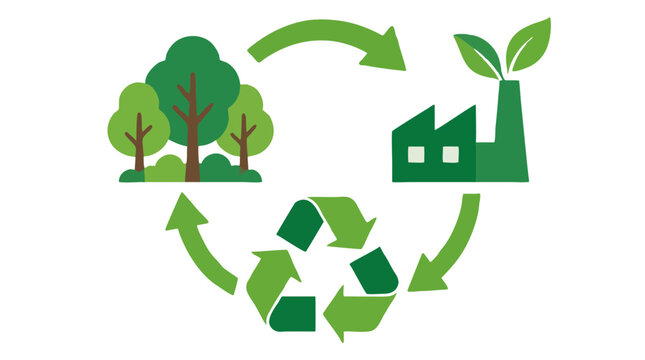 Circular sustainability economy diagram with green trees, eco friendly factory with leaves, recycling symbol and curved arrows in bold flat vector style for environmental protection conservation