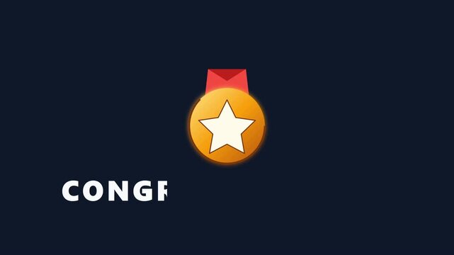 Golden Medal with Star Icon and Congratulations Text Animation on Dark Blue Background for Success