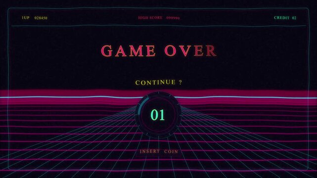game over retro arcade neon countdown timer footage