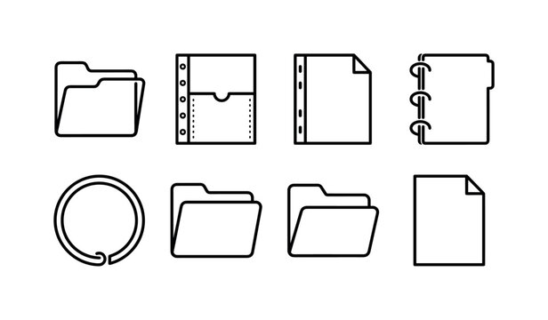 Document Protector Files, line icon set featuring clear folder, punched pocket sheet, A4 document sleeve, binder ring, file folder, paper sheet, covering office supplies, document protection, plastic