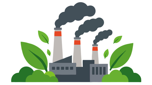 Industrial factory with smoking chimneys emitting dark smoke surrounded by green leaves and bushes symbolizing environmental pollution versus eco sustainability and clean energy concept