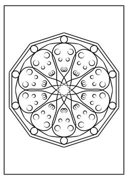 Geometric mandala coloring page with abstract droplets in polygonal frame
