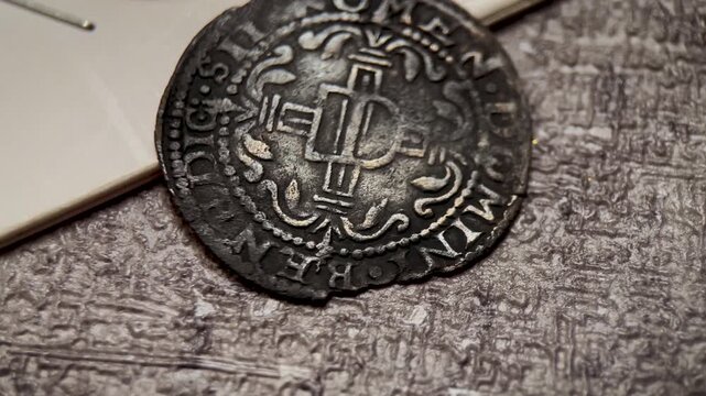 Reverse View of Antique 2 Stuivers Jager 1605 Coin Macro Video