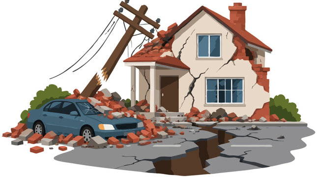 Earthquake disaster scene with cracked damaged residential house, broken utility pole with fallen power lines, crushed blue sedan car buried under bricks and rubble on split cracked road