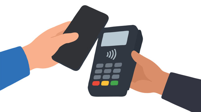 Flat vector illustration of modern contactless mobile payment, customer hand tapping smartphone on POS payment terminal held by cashier, NFC technology concept isolated on white background